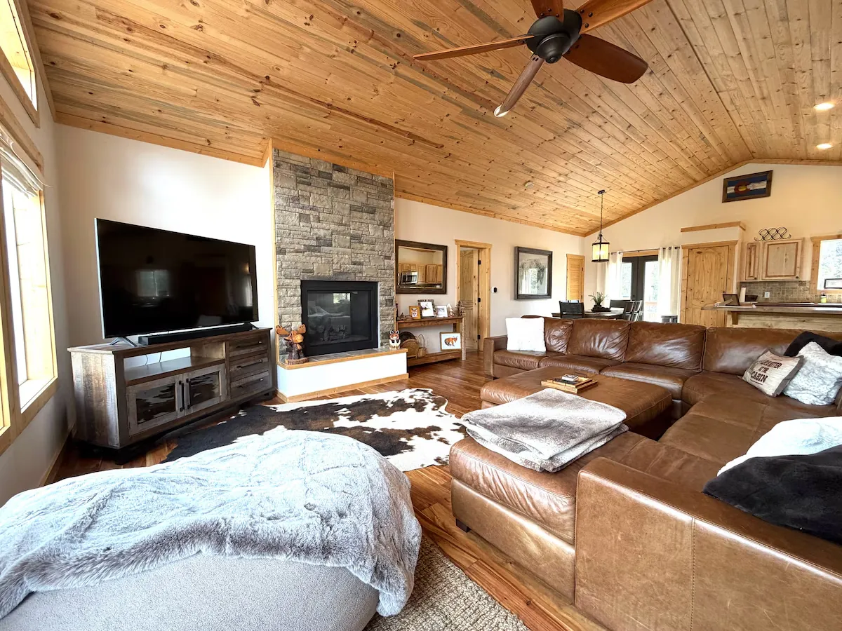 Interior gathering space with natural light in the Fairplay mountain cabin near Breckenridge